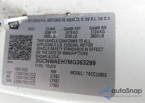 2021 Chevrolet Silverado 1500 2Wd Long Bed Wt из США, поврежденный, VIN 3GCNWAEH7MG363289